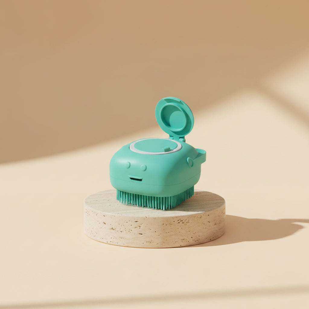 MotaCero Spa cepillo dispensador verde petróleo sobre pedestal marfil