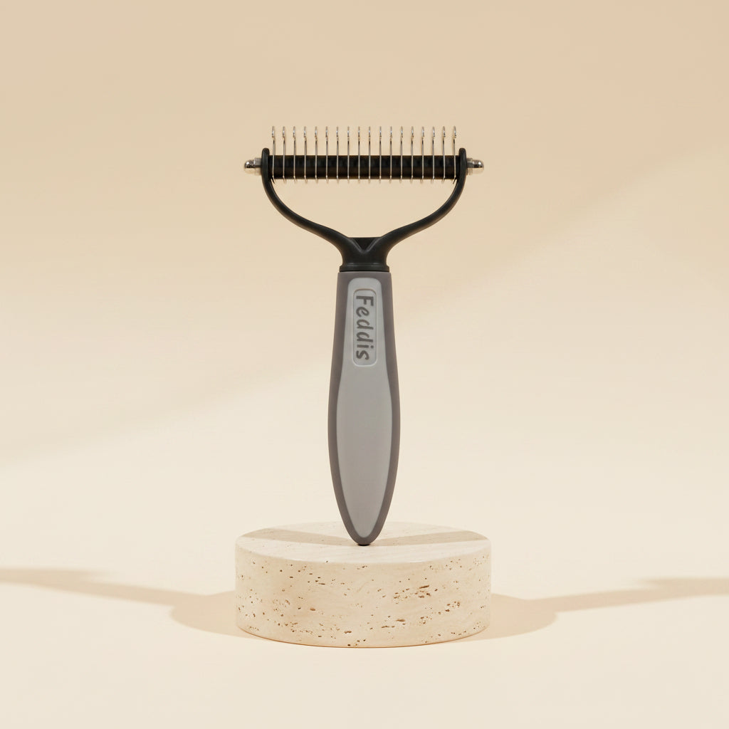MotaCero Duo cepillo deslanador gris sobre pedestal marfil