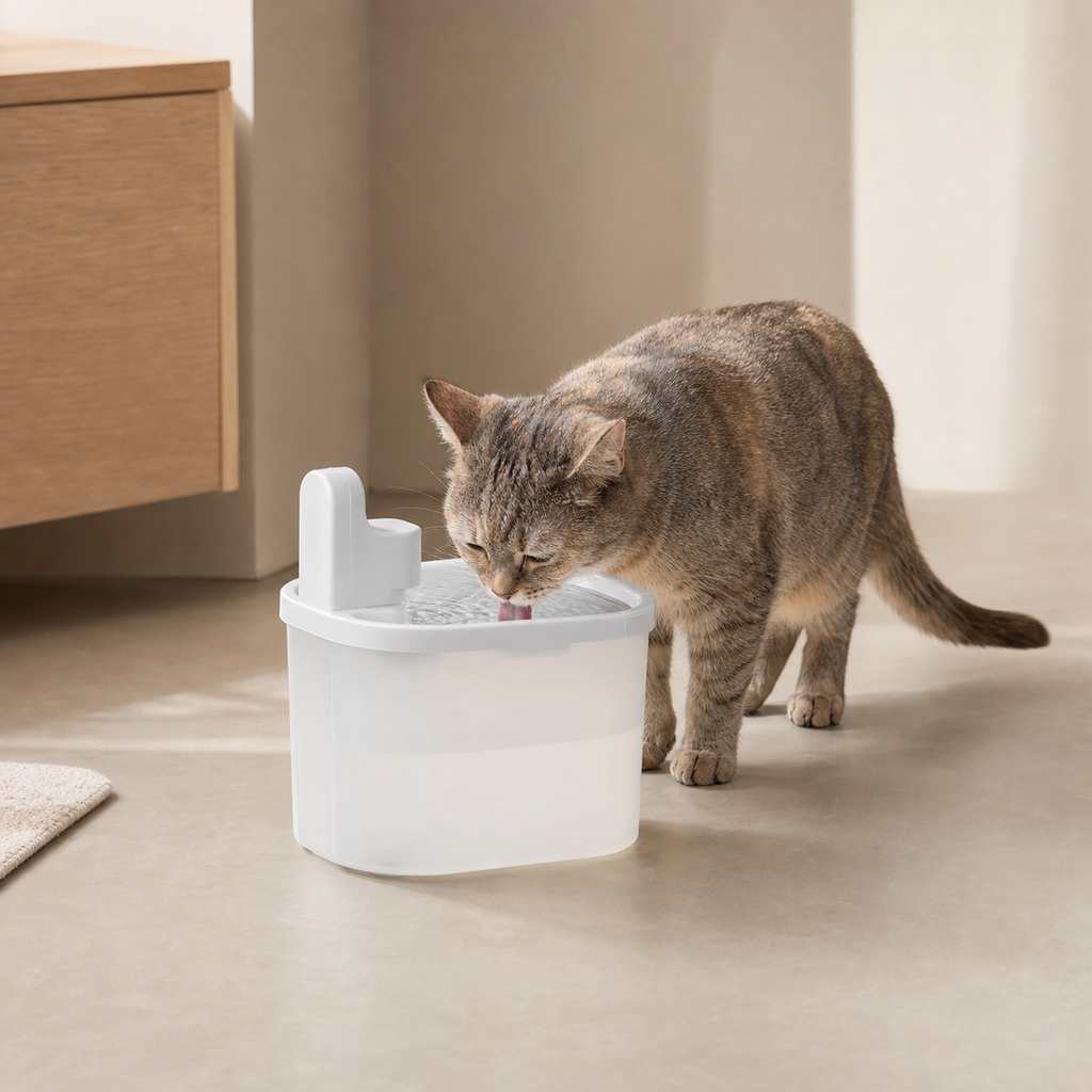 Gato bebiendo de fuente inteligente MotaCero AquaFlow blanca de 2,5 litros