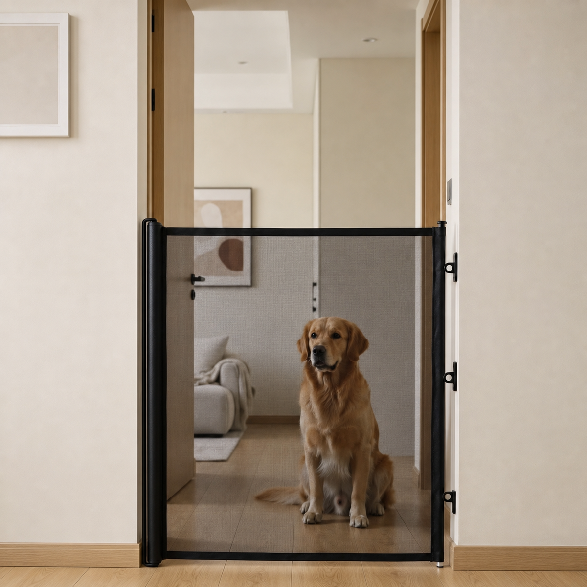 Puerta retráctil negra MotaCero Guard instalada en un paso interior, con un perro detrás de la malla.