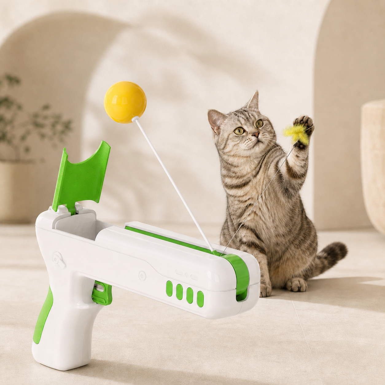 Gato jugando con lanzador MotaCero Play blanco y verde en ambiente marfil